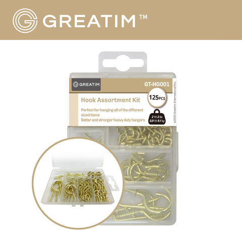 Greatim GT-HG001 Picture Hanger Kit, Hook Assortment, Home, Office, 125 pcs, Steel/Brass, Home, Office, Classroom Decor
