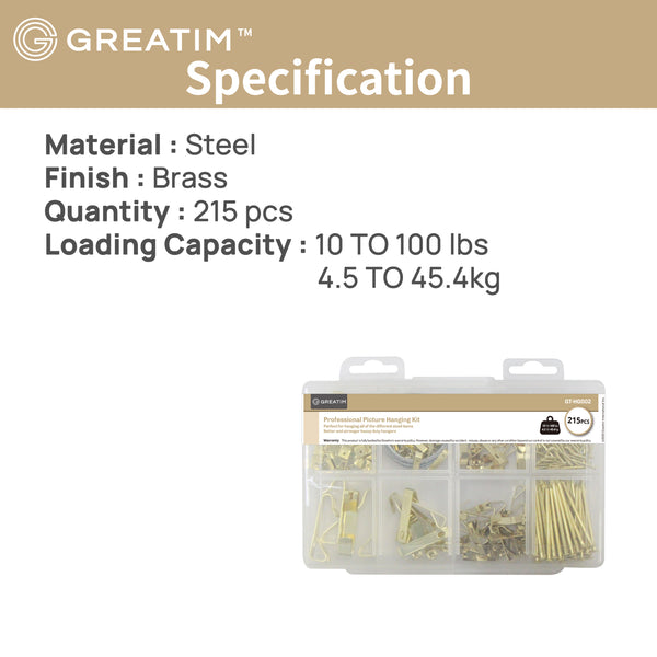 Picture Hanging Kit, 215pcs, Steel/Brass, Greatim GT-HG002