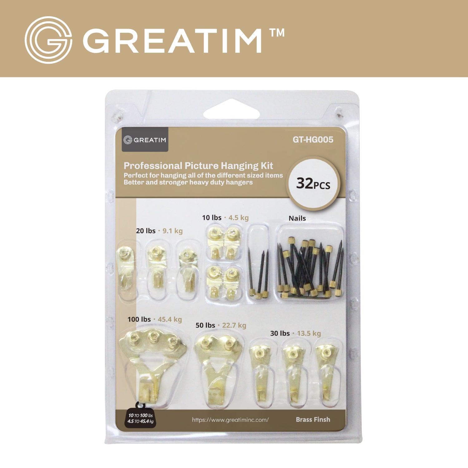 Professional Picture Hanging Kit, 32pcs, Steel/Brass, Greatim GT-HG005